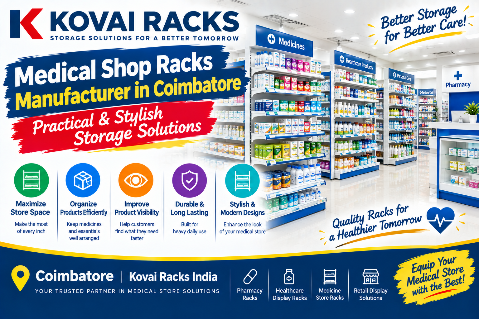 Medical Shop Racks Manufacturer in Coimbatore – Practical & Stylish Storage Solutions